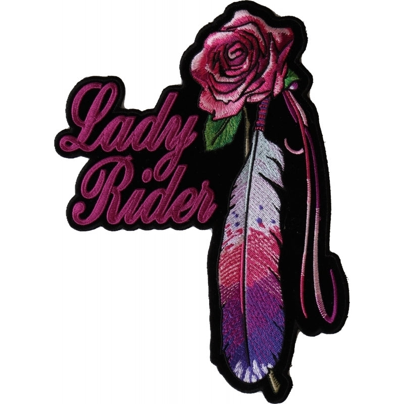 Rose Feather Lady Rider Embroidered Iron on Biker Patch