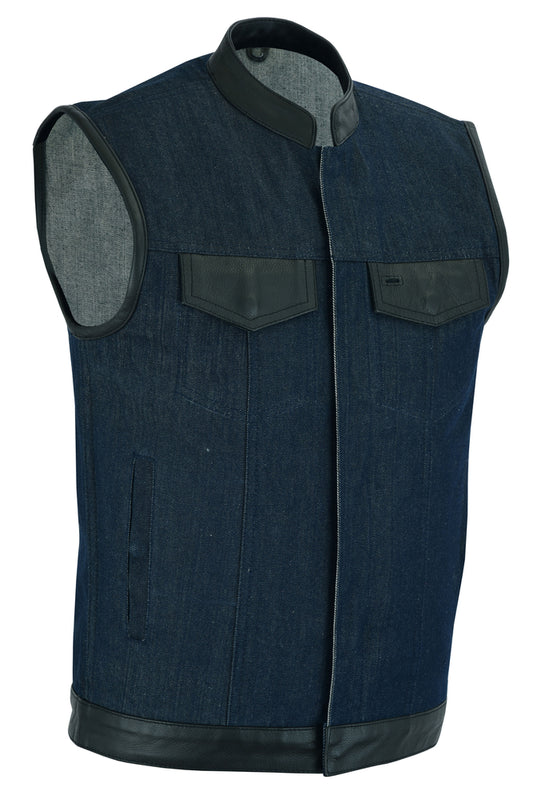 Men's Blue Concealed Carry Denim Vest W/Leather