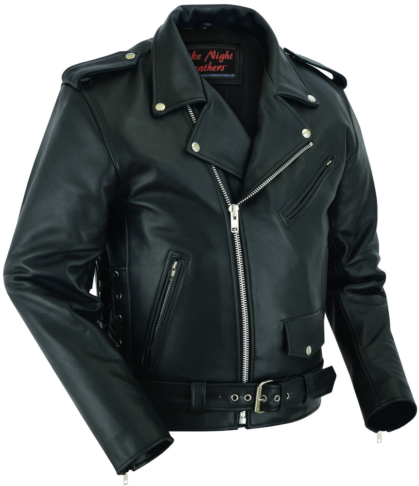 Economy Motorcycle Classic Biker Leather Jacket - Side Laces