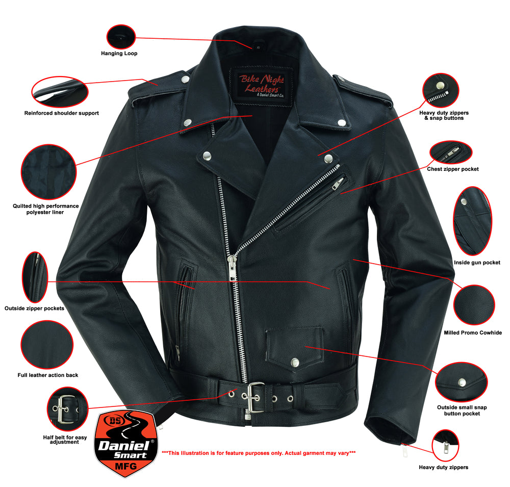 Economy Motorcycle Classic Biker Leather Jacket - Plain Sides