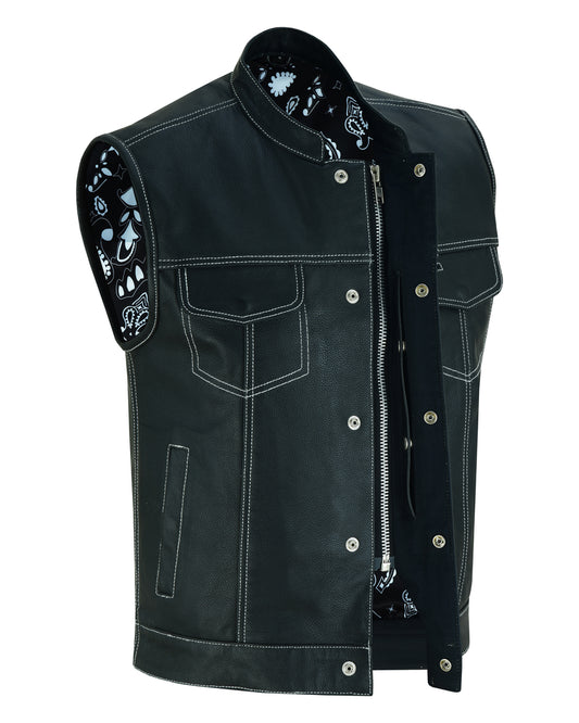 Men's Paisley Black Leather Motorcycle Vest with White Stitching