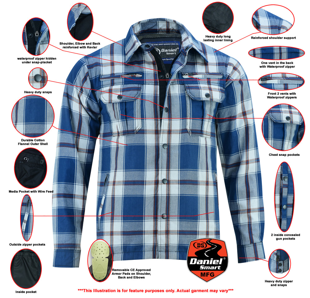 Armored Motorcycle Flannel Shirt - Blue, White & Maroon