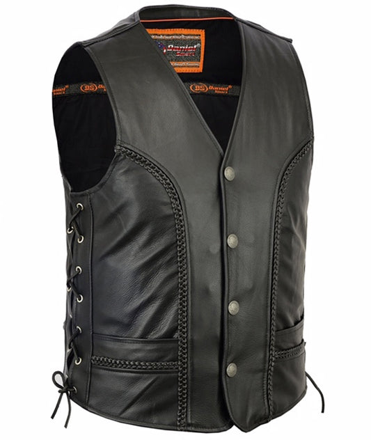 Men's Braided Conceald Carry Leather Motorcycle Vest