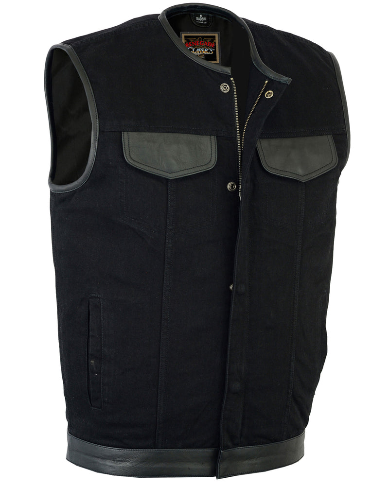 Men's Black Denim Concealment Vest W/Leather